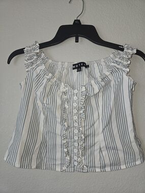Motel Rocks white and light Blue striped ruffle button-front Cotton camisole Y2K